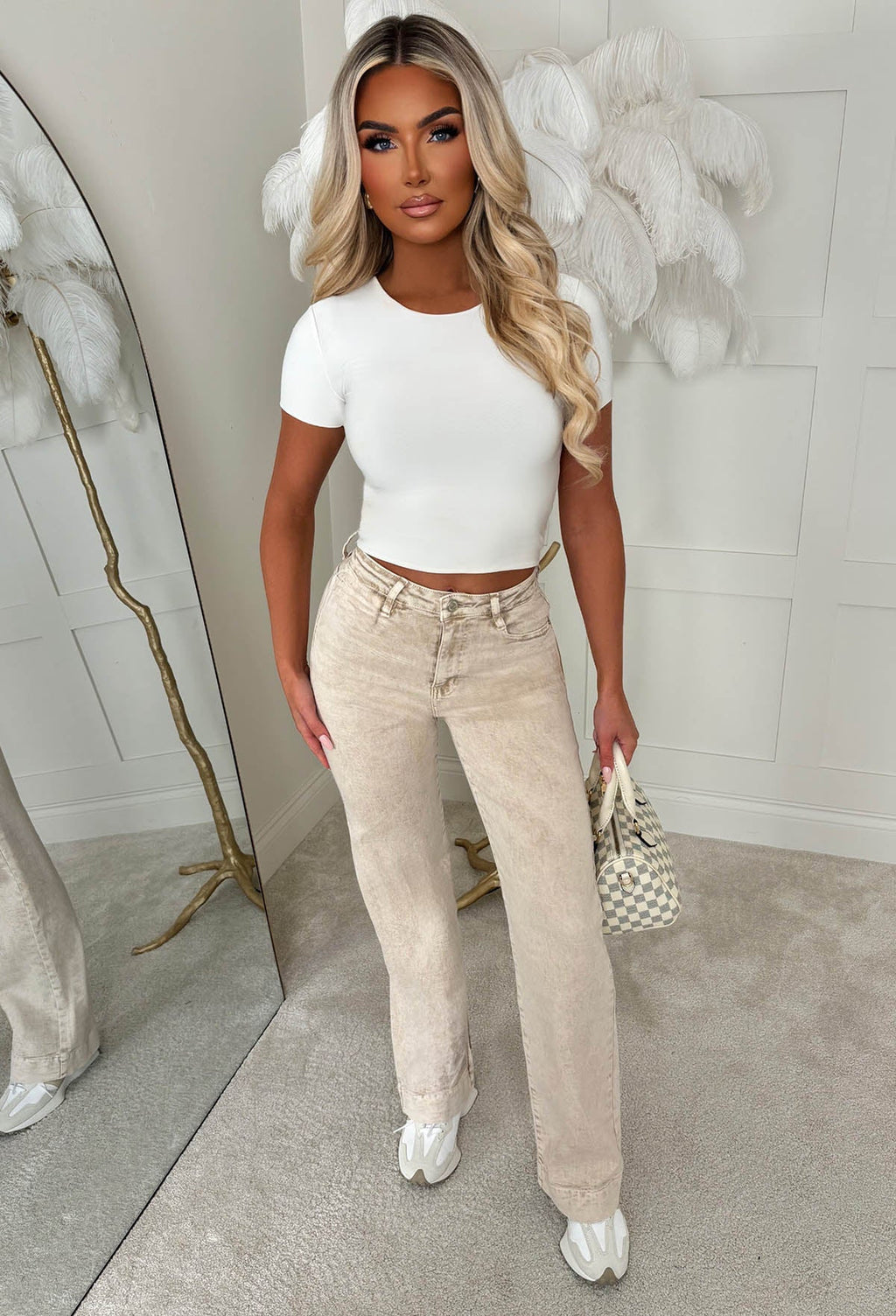 Denim Design Beige Stretch Wide Leg Washed Jeans