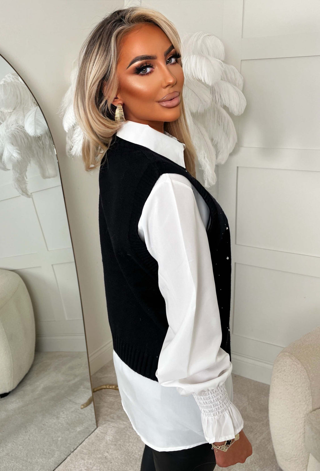 Desire Bloom Black 2 In 1 Diamante Embellished Jumper With Shirt