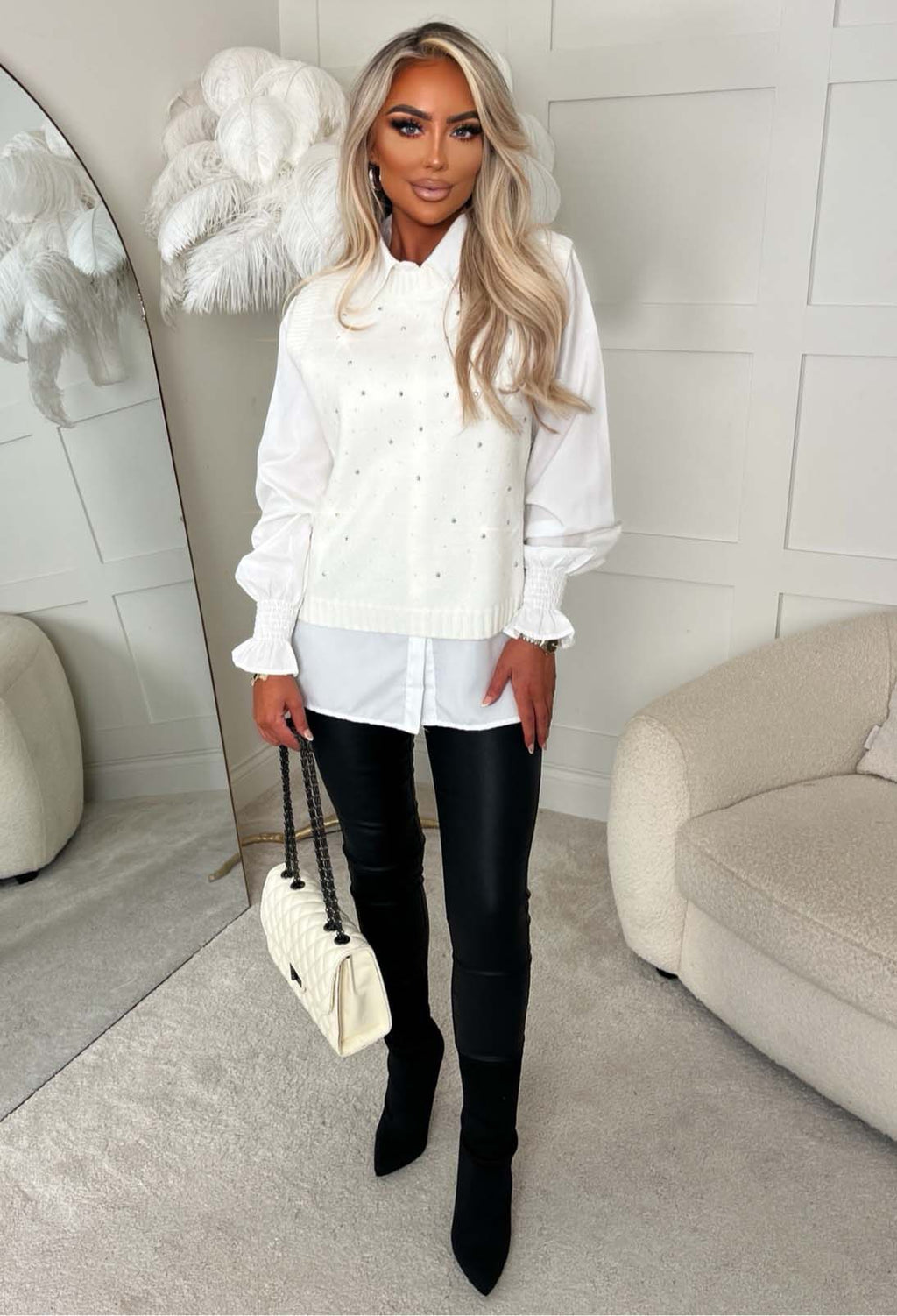 Desire Bloom Cream 2 In 1 Diamante Embellished Jumper With Shirt