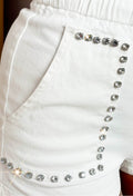 Diamond Chic White Stretch Denim Paperbag Diamante Shorts