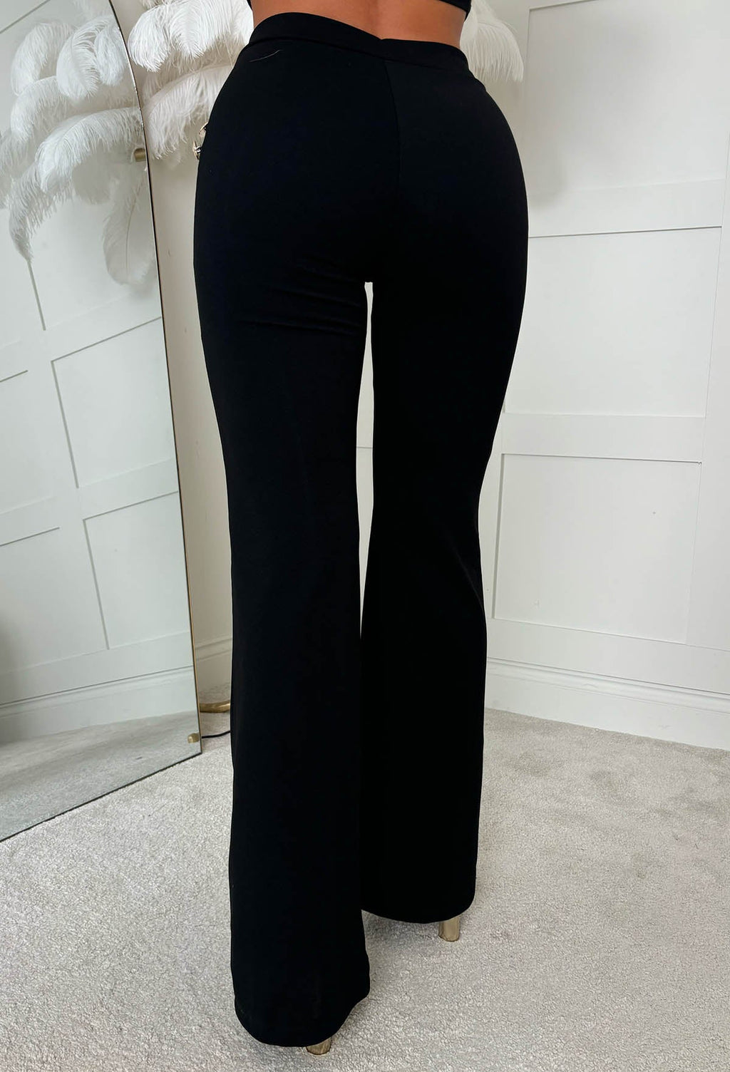 Drama Darling Black Flared Gold Button Flared Trousers