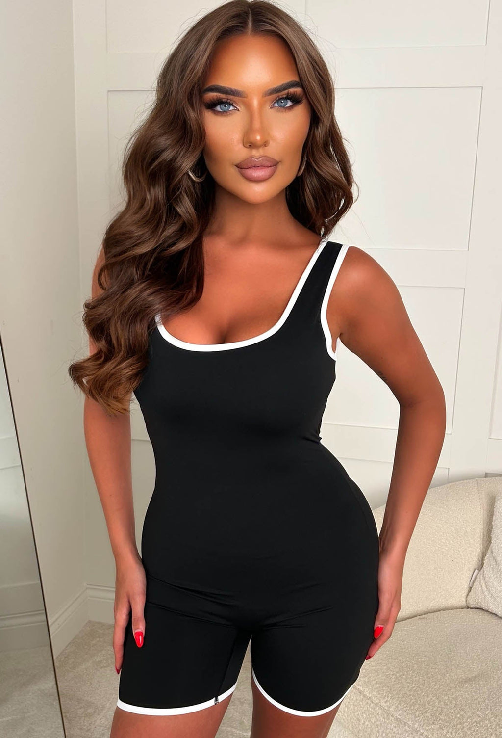 Effortless Style Black Contrast Edge Ruched Unitard