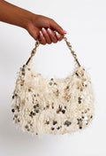 Eira Beige Feather Sequin Bag With Diamante Strap