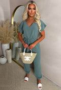 Elegance Everyday Green Elasticated Hem Belted Jumpsuit