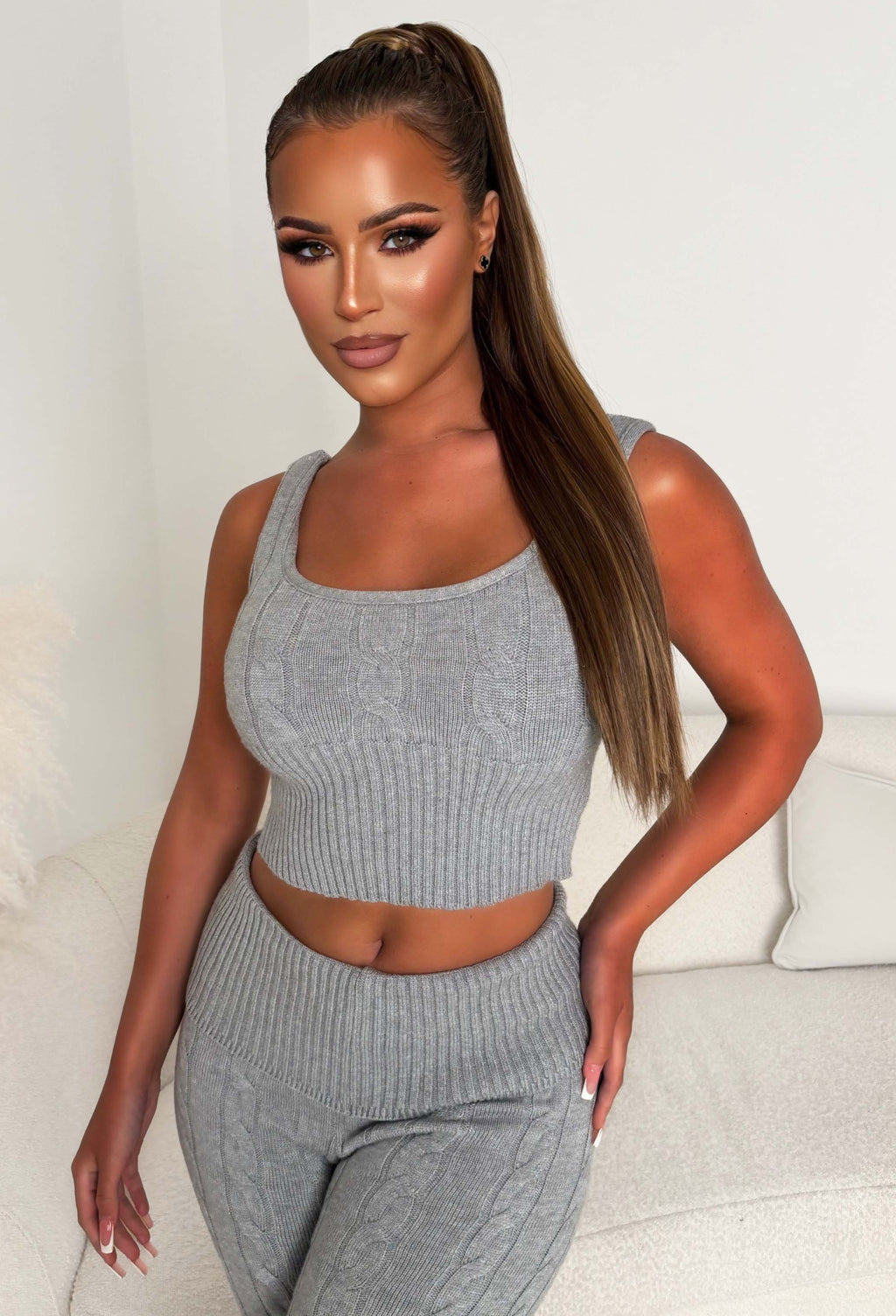 Enchanting Elegance Grey Marl Cable Knitted Lounge Top