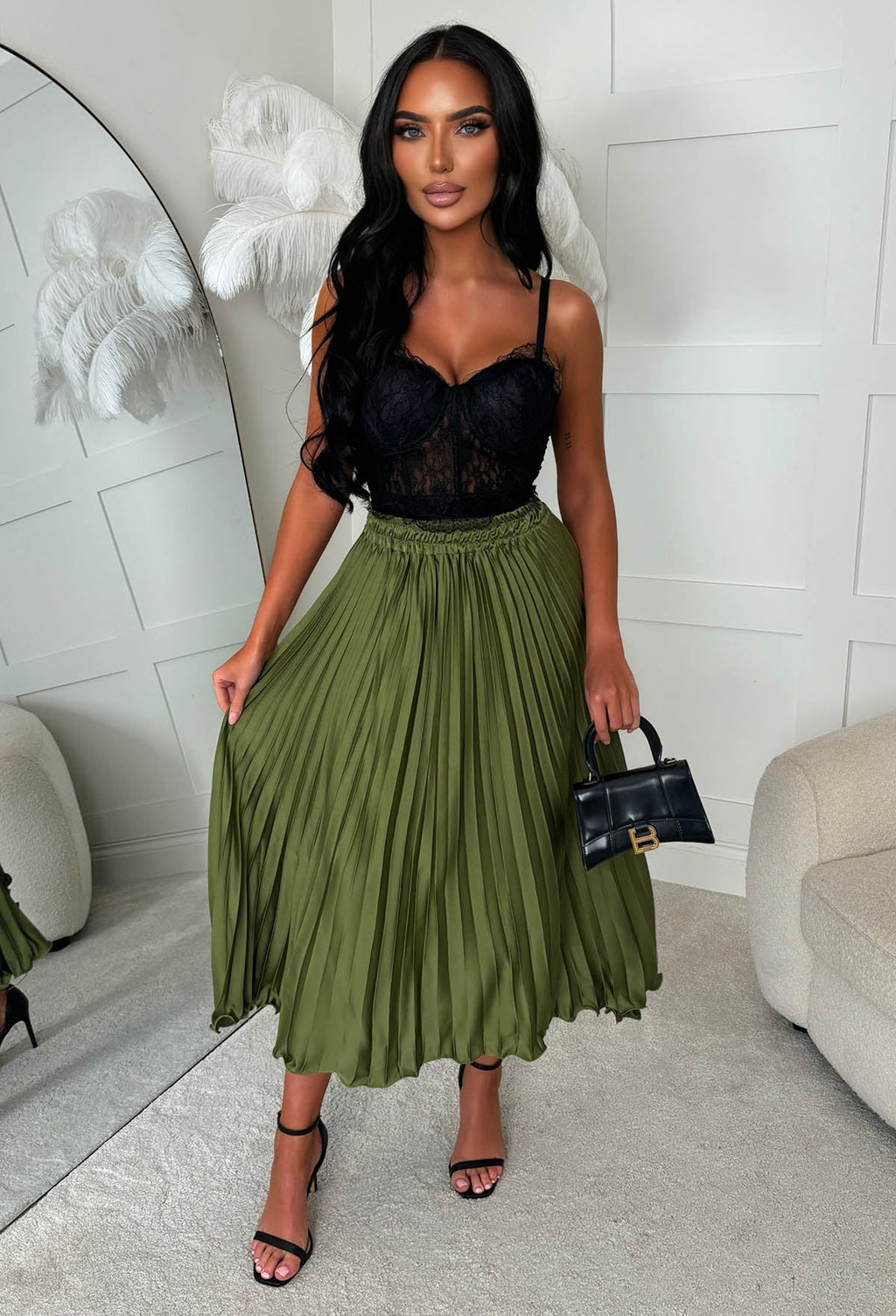 Everyday Goddess Khaki Satin Stretch Pleated Skirt