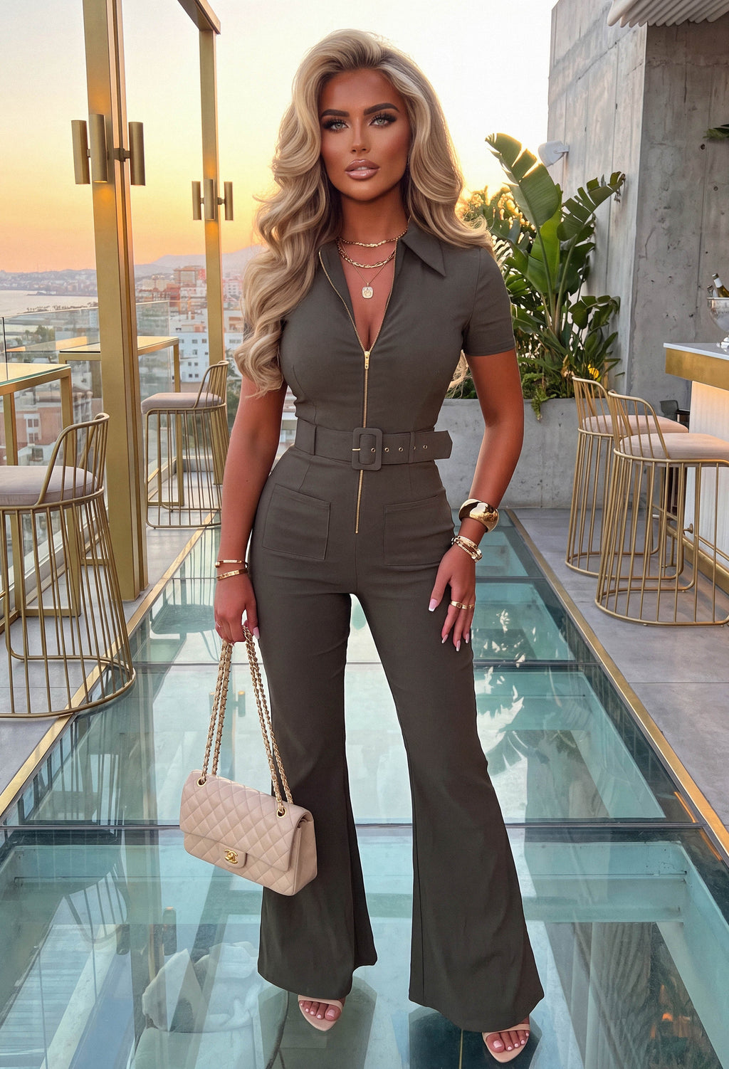 Fatale Babe Khaki Zip Front Short Sleeve Jumpsuit