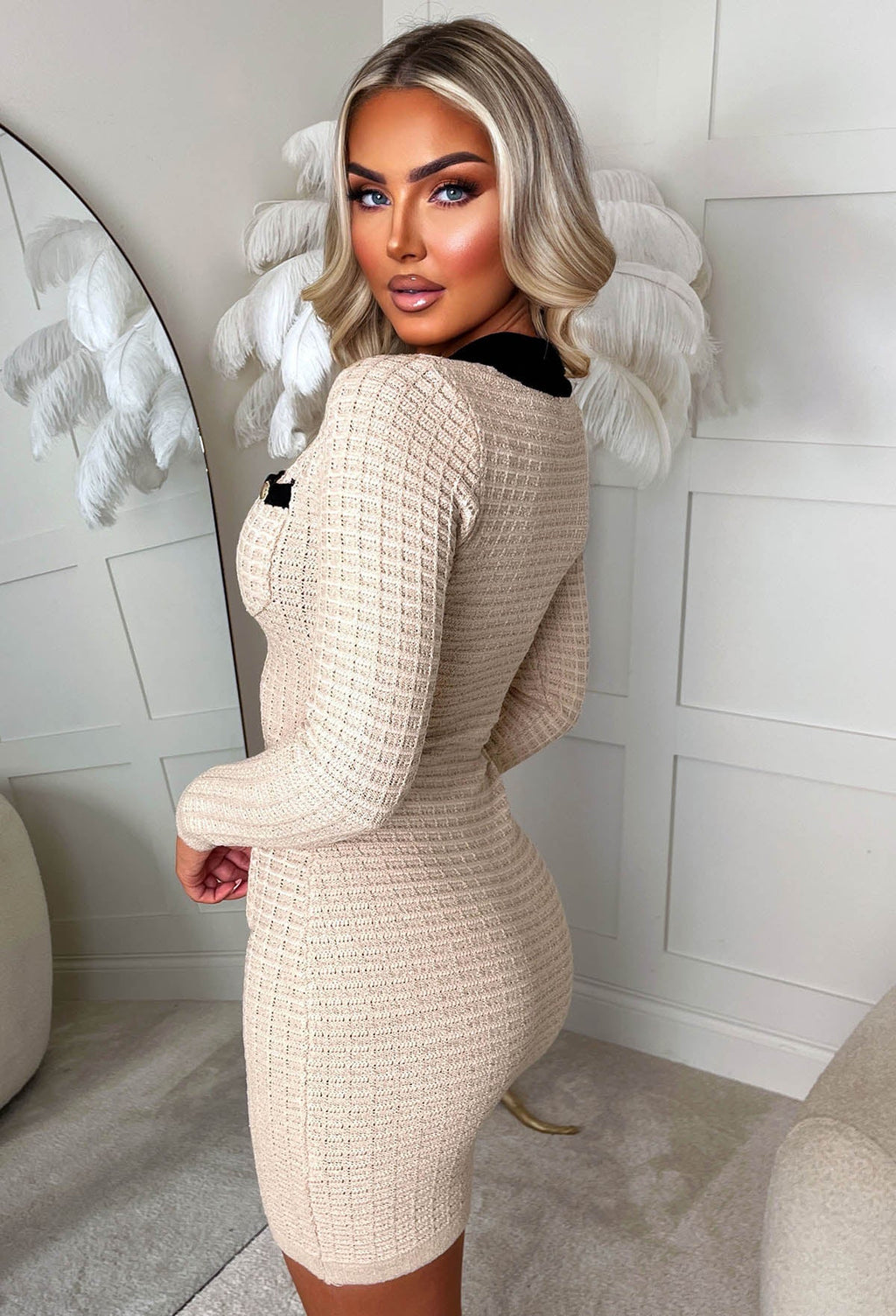 Fearless Forever Beige Knitted Contrast Trim Dress