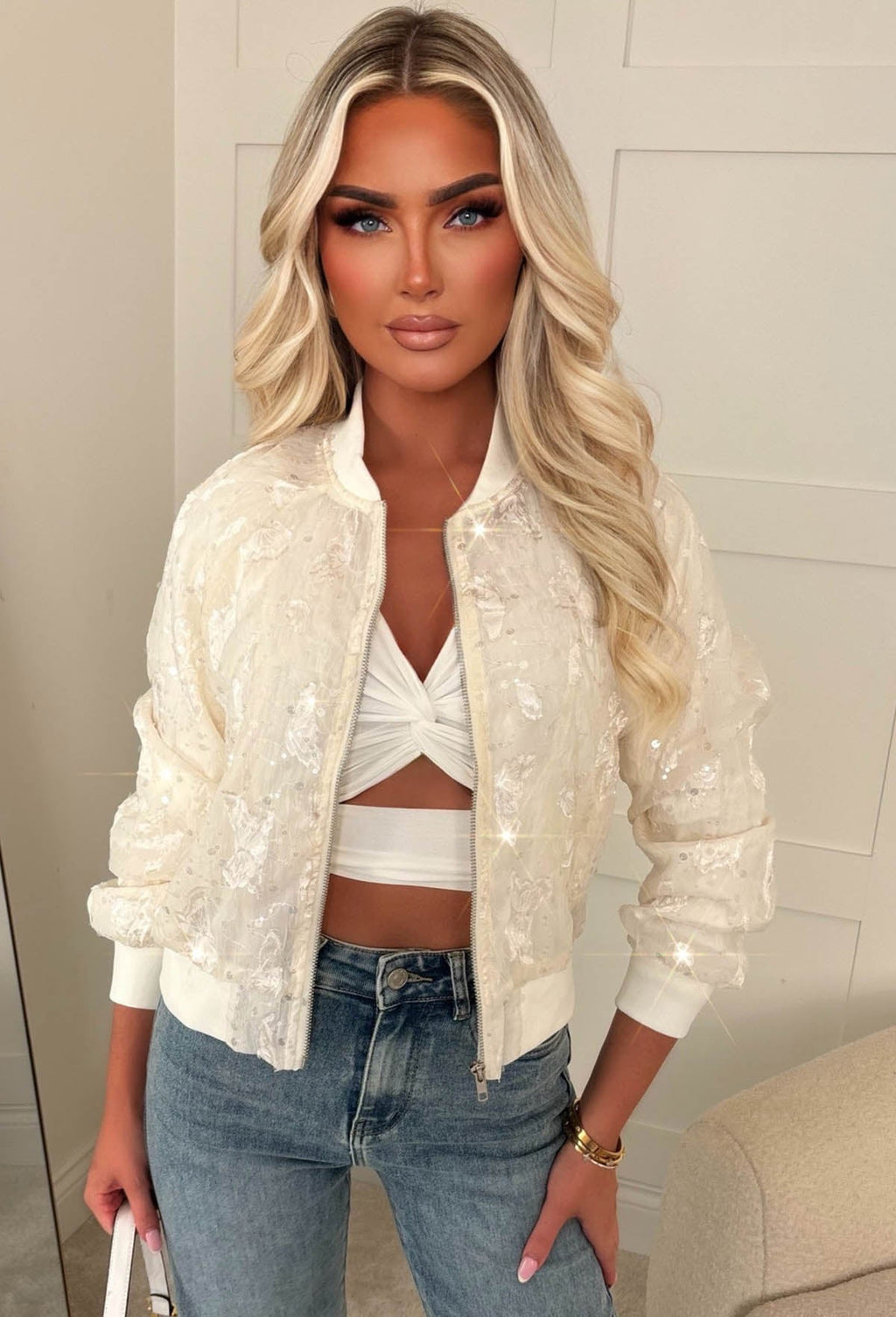 Feeling Lacey Cream Lace Sequin Bomber Jacket