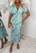 Feline Affair Green Knot Front Short Sleeve Leopard Print Satin Midi Dress