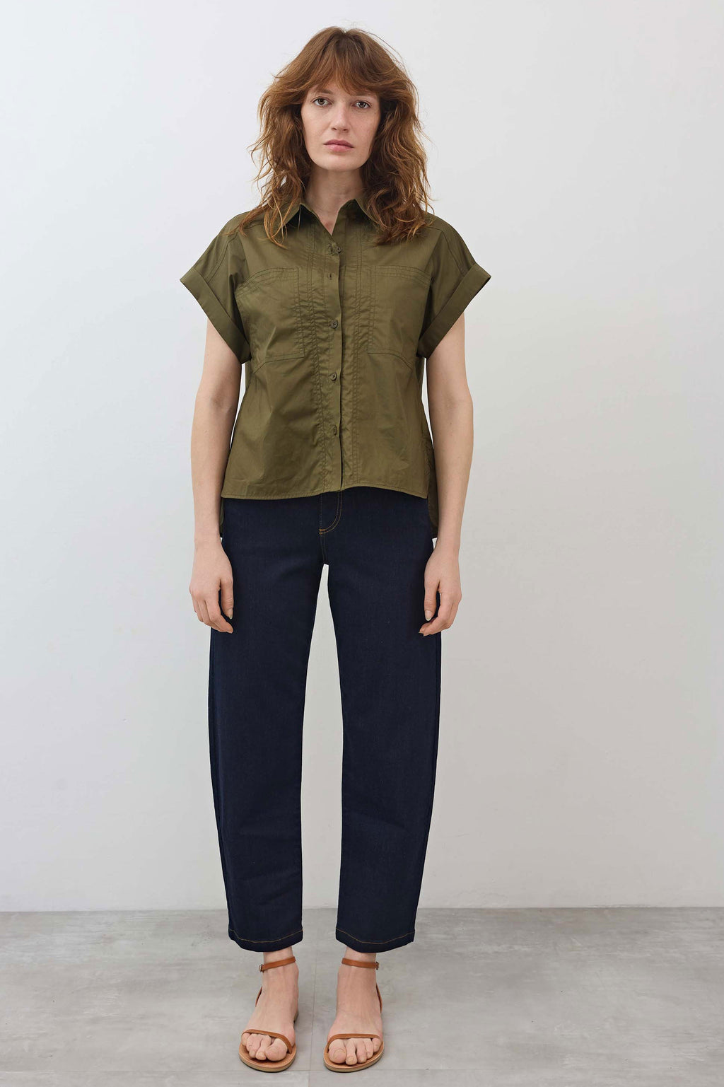 Short Sleeve Poplin Button Down Blouse