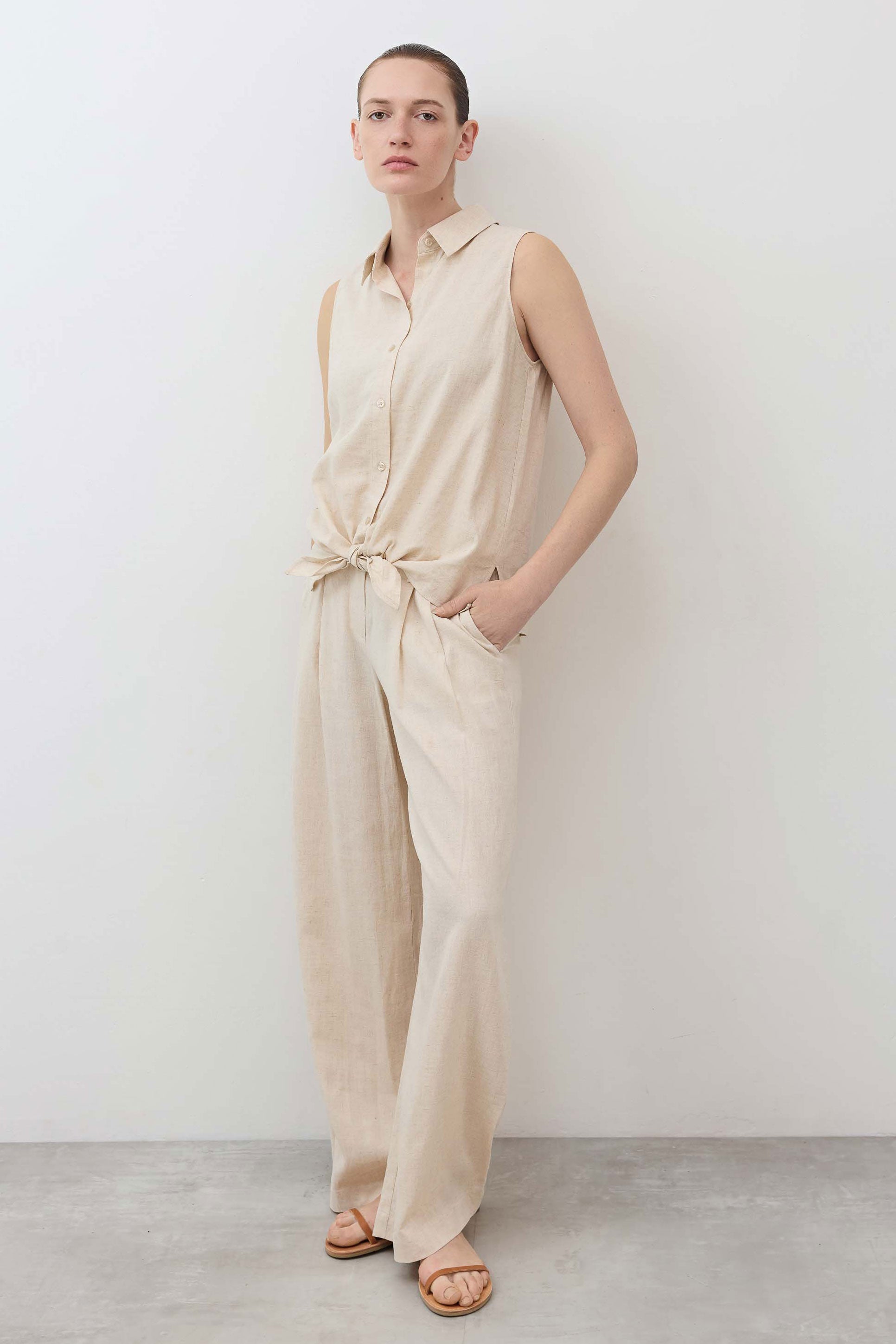 Sleeveless Tie Front Button Down