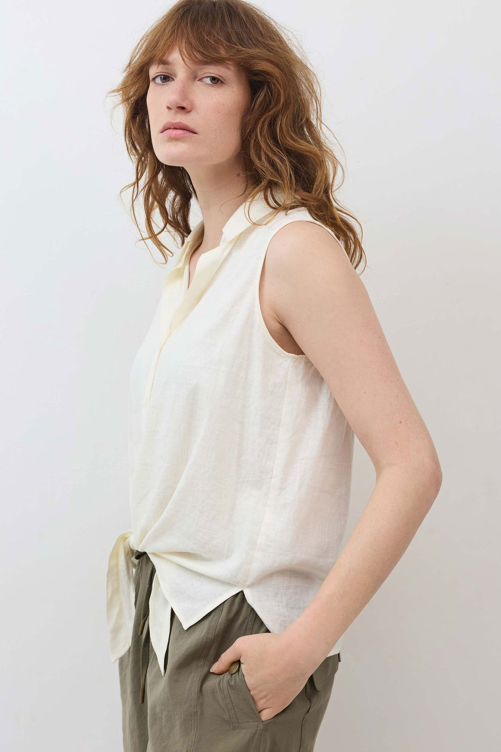 Sleeveless Tie Front Button Down