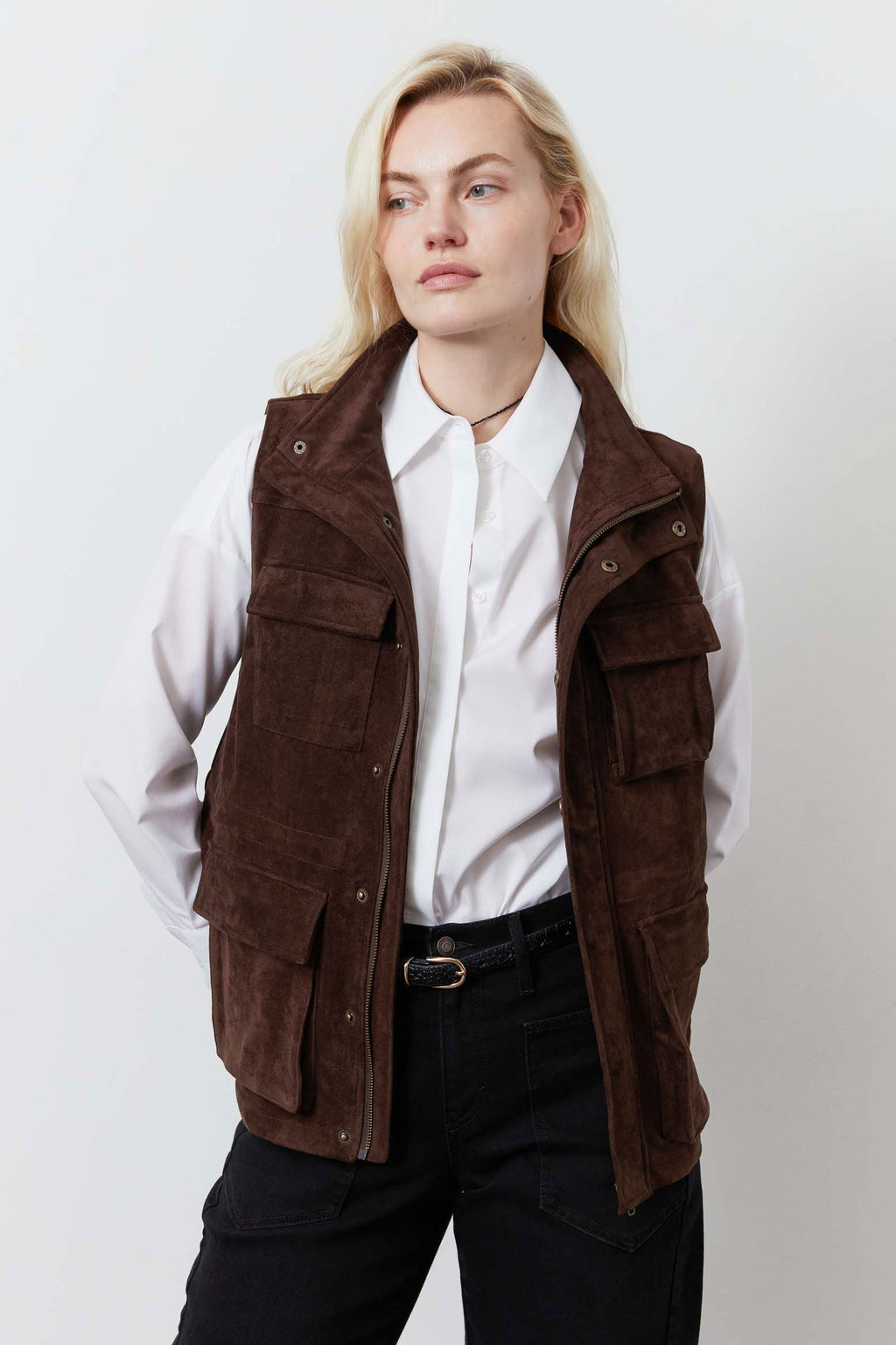 Long Vegan Suede Cargo Vest